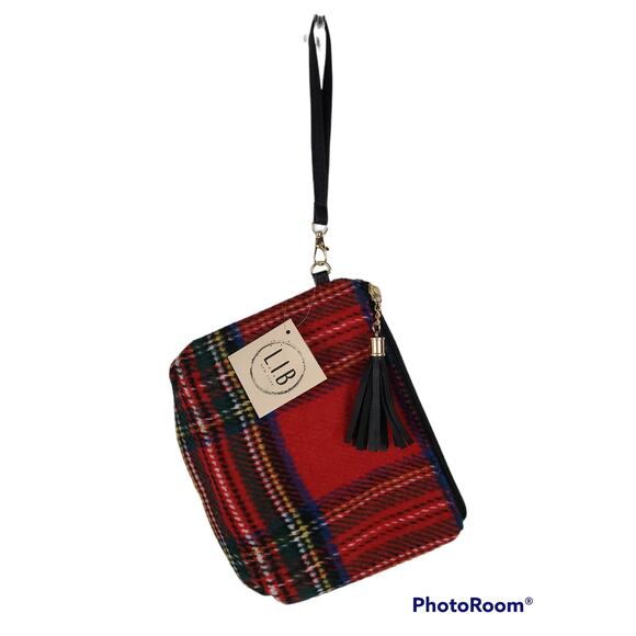 Red plaid fabric wristlet with tassel pull, NWT - Picture 2 of 2
